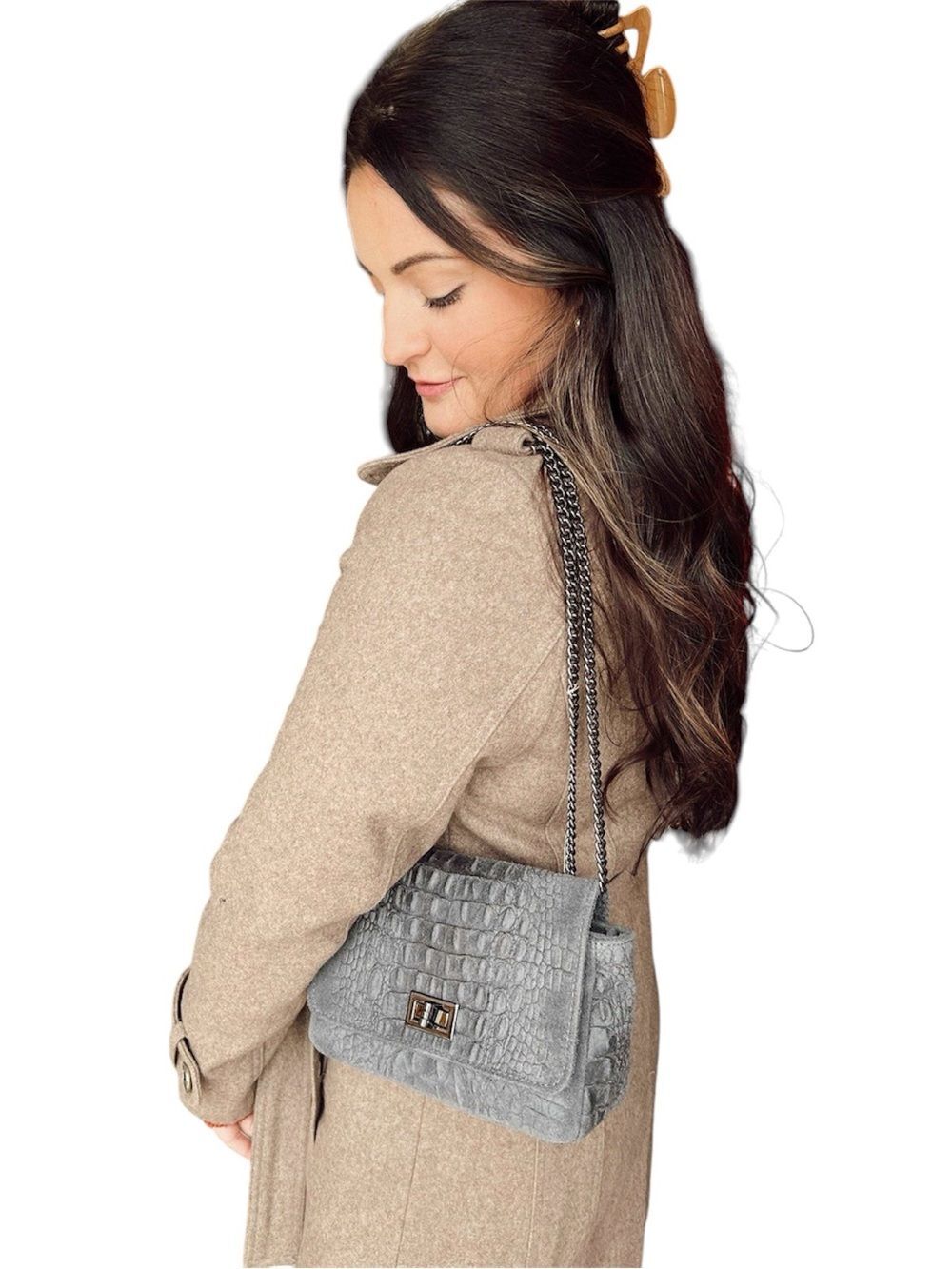 Gray Croc-Embossed Genuine Italian Leather Silver Double Chain Strap Small Bag